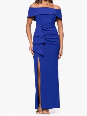 XSCAPE - “Camila” Long Off the Shoulder Scuba Crepe Dress